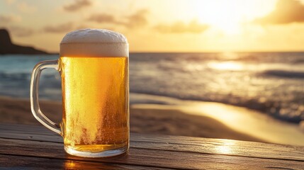Refreshing Cold Beer in a Glass Mug on Beach at Sunset