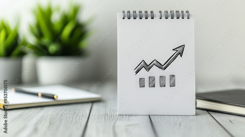 Poster notepad with a hand-drawn rising arrow graph, symbolizing business growth. minimalistic office desk 