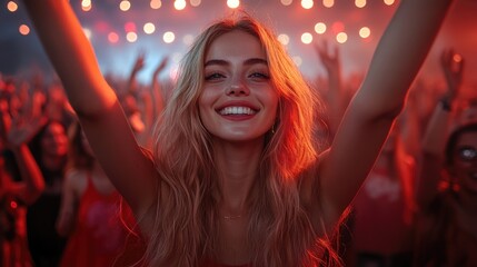 Fototapeta premium Picture of rock concert, music festival, New Year eve celebration, party in nightclub, dance floor, disco club, many people standing with raised hands up and clapping, happiness and night life concept