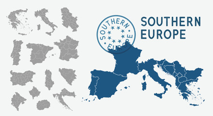 South Europe map. Spain, Portugal, France, Italy, Greece, Croatia maps with regions. Europe map isolated on white background. High detailed. Vector illustration	