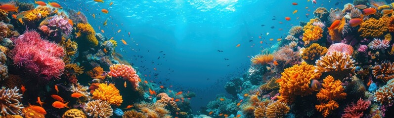 Naklejka premium Brightly colored coral reef with sun shining through the water, travel concept, banner, copy space