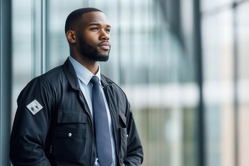 Naklejka premium Confident security guard standing in modern building, wearing a black jacket and tie. Professional and vigilant in his duties.