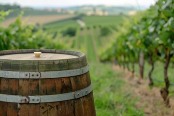 Fototapeta premium Red wine with barrel on vineyard in green Tuscany Italy