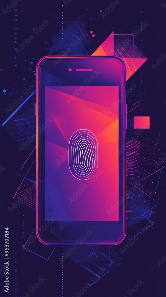 Aufkleber Colorful abstract smartphone with a fingerprint icon representing secure access and biometric authentication. Concept of digital security.