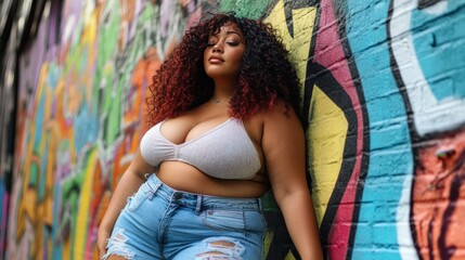 Confident woman in casual clothing standing against a colorful graffiti wall, showcasing urban...