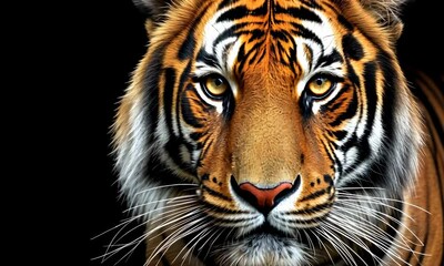 A tiger's face against a black background, showcasing its striking features