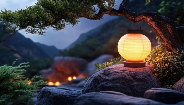 A tranquil landscape featuring a glowing lantern set against a serene mountain backdrop, surrounded by lush greenery.