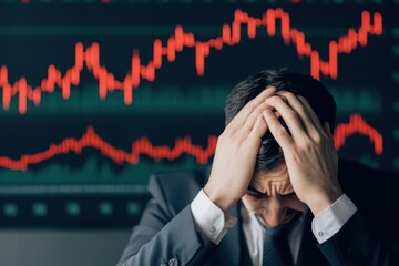 Businessman holding his head in frustration over stock market swings, stock fluctuation, financial stress