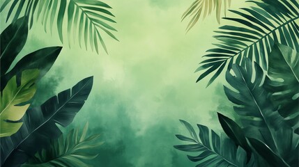 Green Forest Watercolor: Tropical Leaves in Watercolor Style on a Green Background.