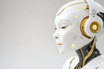 Fototapeta premium A beautiful female humanoid robot with white skin and gold details, wearing headphones. on an ivory background