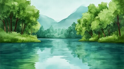 Obraz premium Green Forest Watercolor: Peaceful River Landscape with Lush Green Trees and Mountains.
