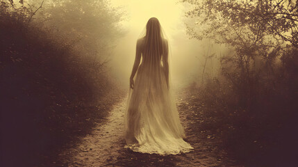 A woman in a white dress walks through a foggy forest.