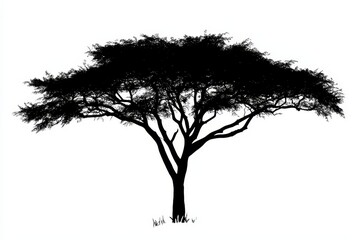 A silhouette of a tree with sprawling branches and a simple grass base.