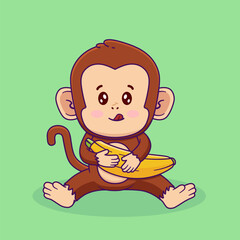 Cute Illustration of Monkey Cartoon Holds Banana.
