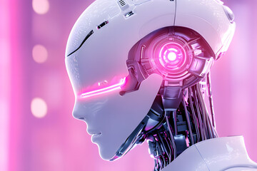 A close-up of the head and shoulders of an advanced humanoid robot, with glowing neon lights reflecting off its metallic surface in a pink light. 