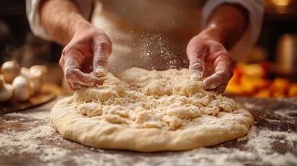 Fototapeta premium Close-Up of Hands Skillfully Forming Fresh Pizza Dough with Flour Dusting, Highlighting Texture and Shape in Professional Kitchen or Bakery Setting, Expert Chef's Artistry in Pizza Making