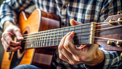 Fototapeta premium A close-up of a musician's hand pressing a combination of strings on a guitar fretboard, forming a complex