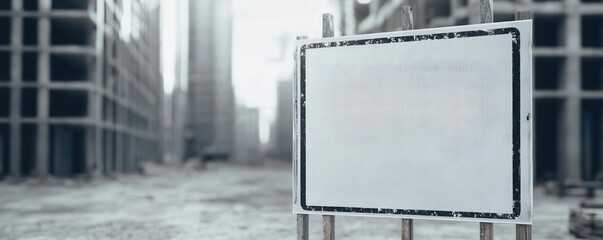 Construction site with Closed signs and unused materials, Urban decay, Grayscale, Digital art, Financial crisis