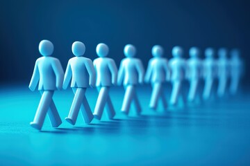 Blue Figurines Walking in Line:  A row of blue figurines walking in a line,  representing unity, teamwork, and forward movement.  A minimalist approach to illustrating a collective journey towards a c