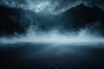 Fototapeta premium Dark street, asphalt abstract dark blue background, empty dark mountain range scene, with smoke mist cold white float up for display products with generative ai