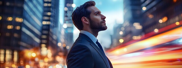 A businessman standing in the city at night, surrounded by light trails from passing cars