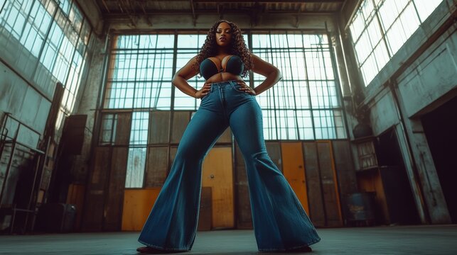 Confident woman in flared jeans posing in an industrial warehouse setting, showcasing a blend of fashion and strength in urban surroundings.