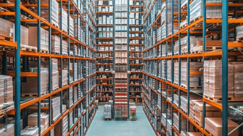 Poster rows of stacked cardboard boxes in a large warehouse