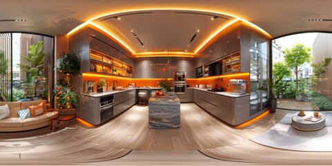 An immersive 360-degree equirectangular projection spherical panorama of a connected kitchen, featuring smart appliances, automated coffee makers, and