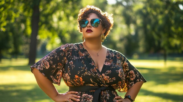 Confident woman in floral dress and sunglasses, standing outdoors in sunlight, surrounded by greenery, representing empowerment and style.
