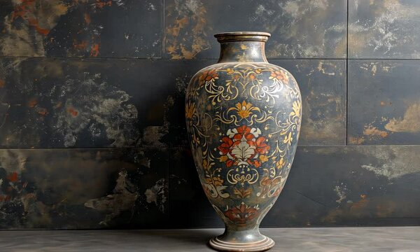 A weathered ornate vase with intricate floral patterns stands against a rustic, dark metallic wall with patches of rust and patina, evoking an antique and historical atmosphere