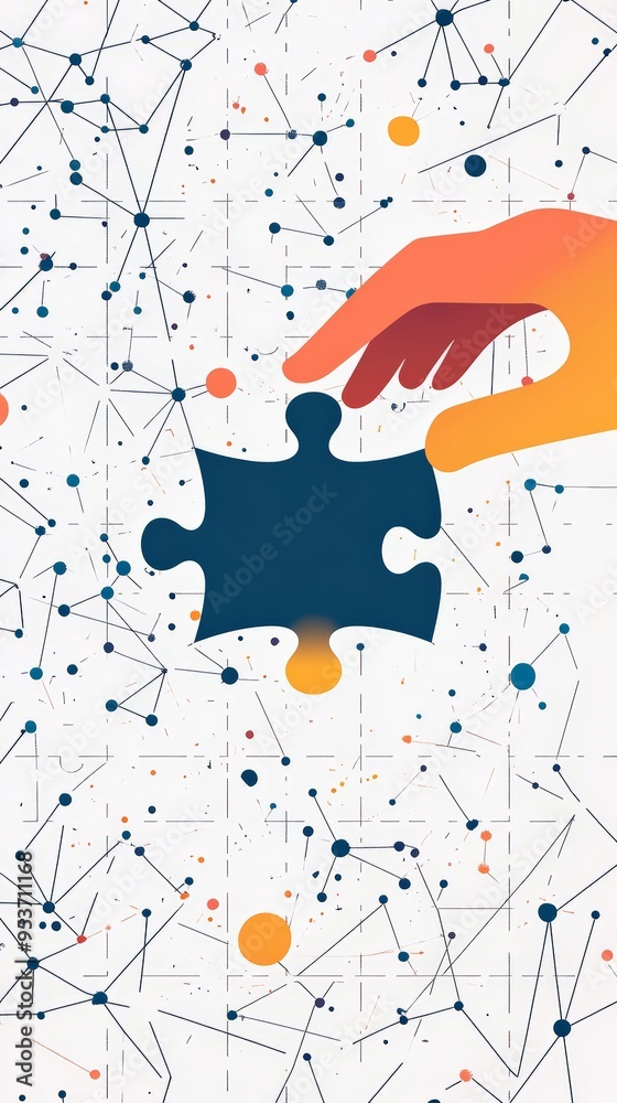 Aufkleber Abstract business illustration with a hand connecting a red puzzle piece to a complex network. Concept of strategic problem-solving, teamwork, and collaboration.
