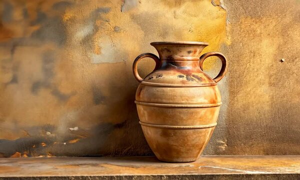 A classic terracotta amphora on a rustic golden background, evoking a sense of antiquity and the simplicity of ancient pottery techniques