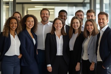 This image shows a Professional Business Team Portrait in a modern office, highlighting the collaborative spirit and positivity of corporate professionals dedicated to success and growth
