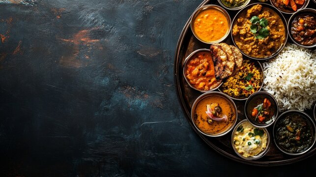 A high-quality AI-generated stock image of a traditional Indian thali with various dishes on the right side, leaving ample space on the left for text. Perfect for food blogs, Indian promotions.