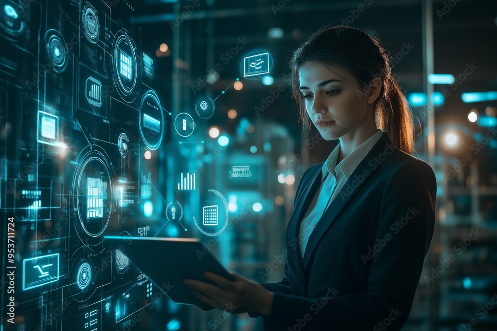 Poster A Business Professional Who Specializes in Analyzing Data Insights within a CuttingEdge HighTech Environment That Utilizes Current Innovations and Technologies for Improved Efficiency and Growth