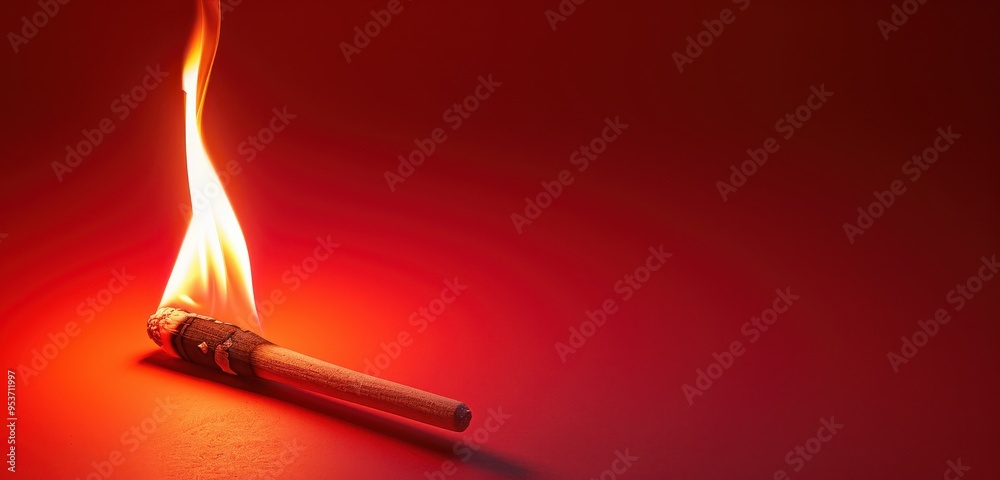 Wall mural A burning wooden stick with a bright flame against a red background, symbolising the danger and heat of fire.

