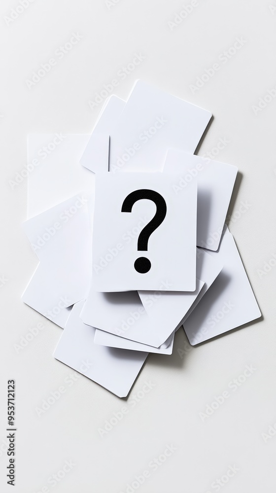 Poster stack of white cards with a prominent black question mark on top. represents inquiry and doubt.