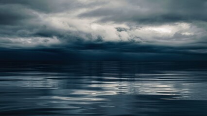An endless expanse of calm but dark ocean water merging with a gloomy, overcast sky, with subtle ripples disturbing the otherwise still surface, symbolizing inner turmoil.