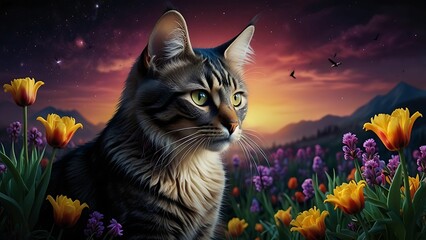 Beauty Cat And Flowers