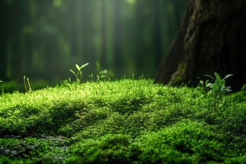 Green moss and background. Backdrop for displaying products. Dark forest background with generative ai