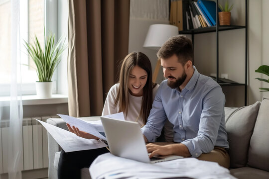 couple using laptop at home for plan finance home loan