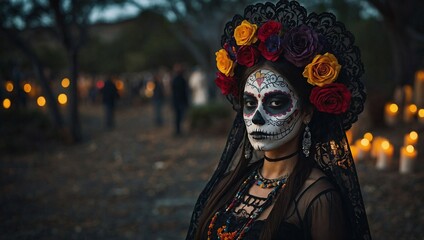 Mexican woman catrina with sugar skull flower makeup in black Beautiful dress