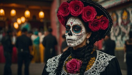 Mexican woman catrina with sugar skull flowers makeup