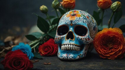 Mexican Festival dia de los muertos Sugar Skull Decoration with rose flowers