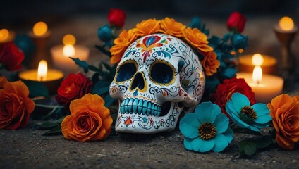 Mexican Festival dia de los muertos Sugar Skull Decoration with colorful flowers