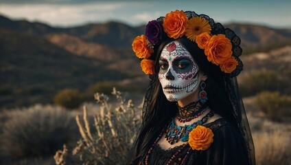 Mexican woman catrina with sugar skull flower makeup in black dress