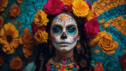 Mexican woman catrina with sugar skull flower makeup