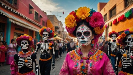 Mexican woman catrina with sugar skull makeup and flowers in carnival