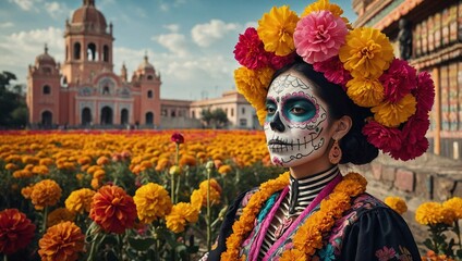 Mexican woman catrina with sugar skull makeup and flowers