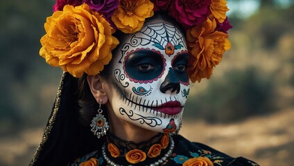 Mexican woman catrina with sugar skull makeup Closeup